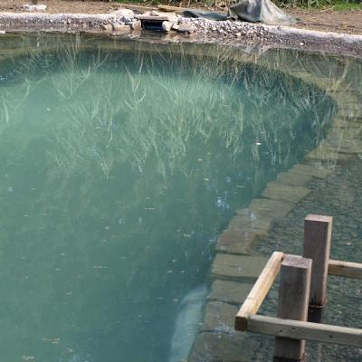 Schwimmteich im Rohbau - über Holzsteg mit späterer Treppe ins Wasser im Hintergrund Oberflächenabsaugung des Wassers über einen Skimmer (kein Filter)